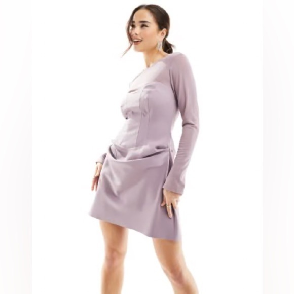 NWOT! ASOS Design Mauve Corset Mesh Sleeves Drape Mini Dress Size 4 - Picture 2 of 11